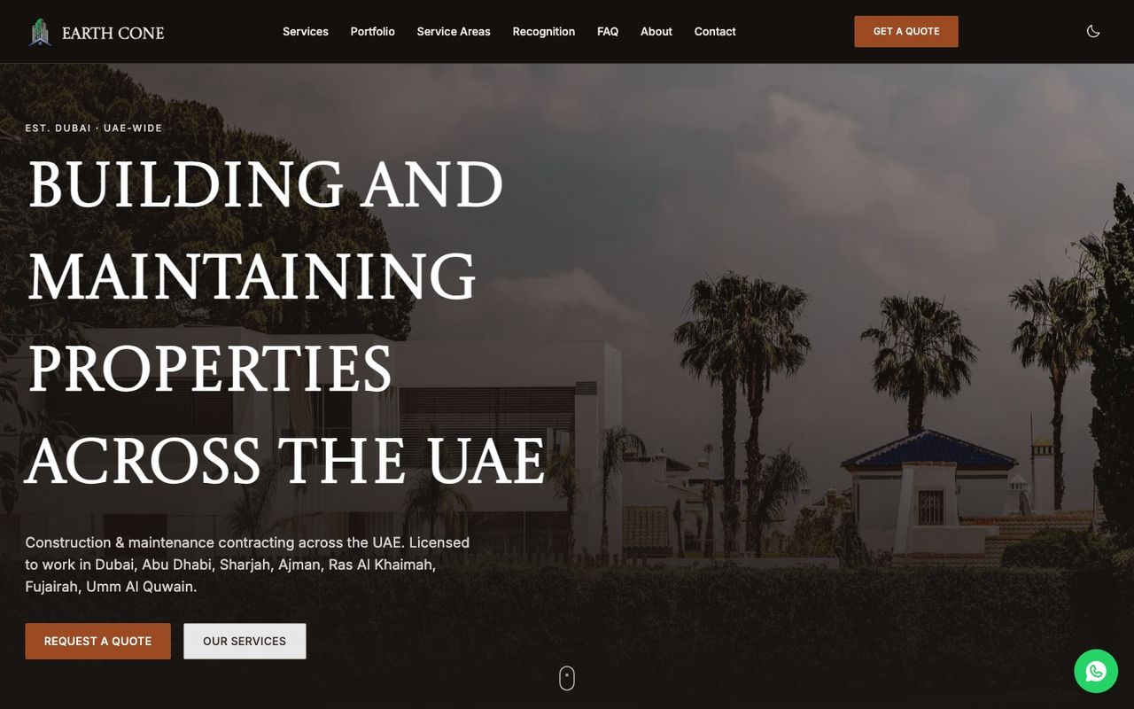 Home page of the Earth Cone Building Contracting website: a villa photo behind the headline "Building and maintaining properties across the UAE" and a Request a quote button