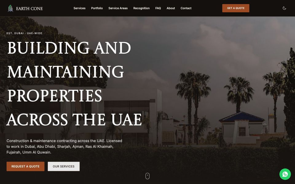 Home page of the Earth Cone Building Contracting website: a villa photo behind the headline "Building and maintaining properties across the UAE" and a Request a quote button