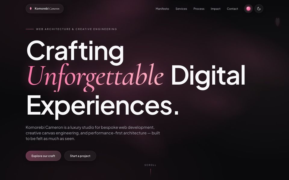 Home page of the Komorebi Cameron studio website: a dark page with glowing pink petals behind the headline "Crafting Unforgettable Digital Experiences" and a theme toggle