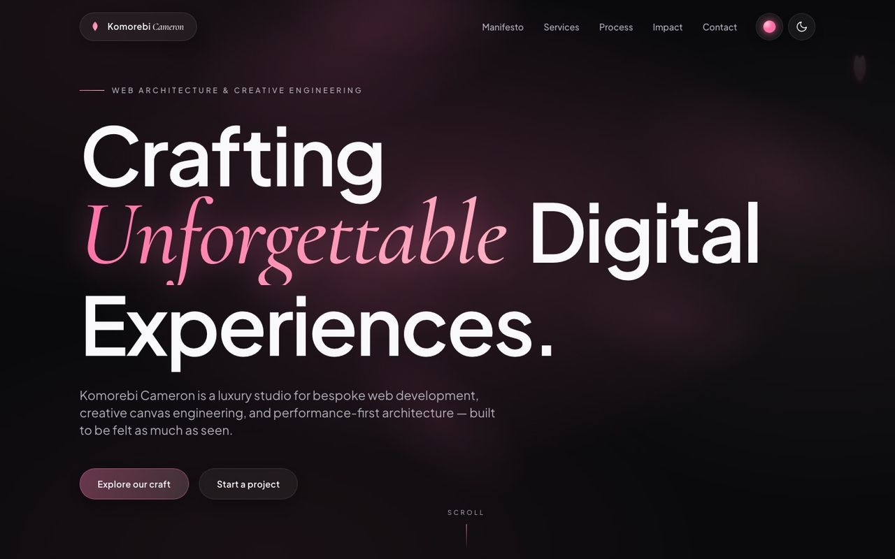 Home page of the Komorebi Cameron studio website: a dark page with glowing pink petals behind the headline "Crafting Unforgettable Digital Experiences" and a theme toggle