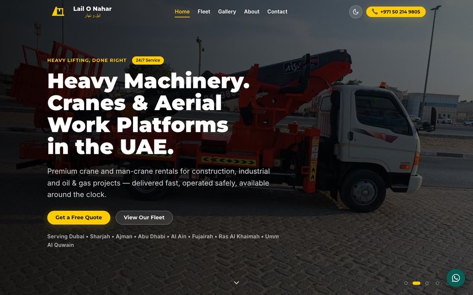 Home page of the Lail O Nahar website: a truck-mounted aerial work platform behind the headline "Heavy Machinery. Cranes & Aerial Work Platforms in the UAE" with Get a Free Quote and View Our Fleet buttons