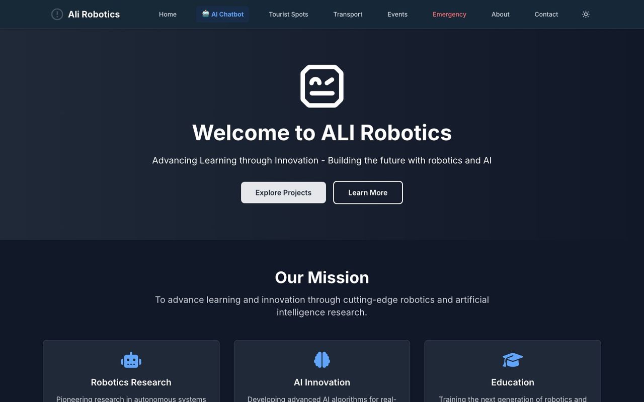 Home page of the robotics team's web app: a welcome headline and navigation to the AI chatbot, tourist spots, transport, events and emergency pages