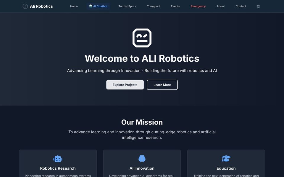 Home page of the robotics team's web app: a welcome headline and navigation to the AI chatbot, tourist spots, transport, events and emergency pages